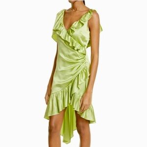 Cinq a Sept Petunya Ruffle Wrap Silk Cocktail Dress Prickly Pear Green Sze 6 NWT